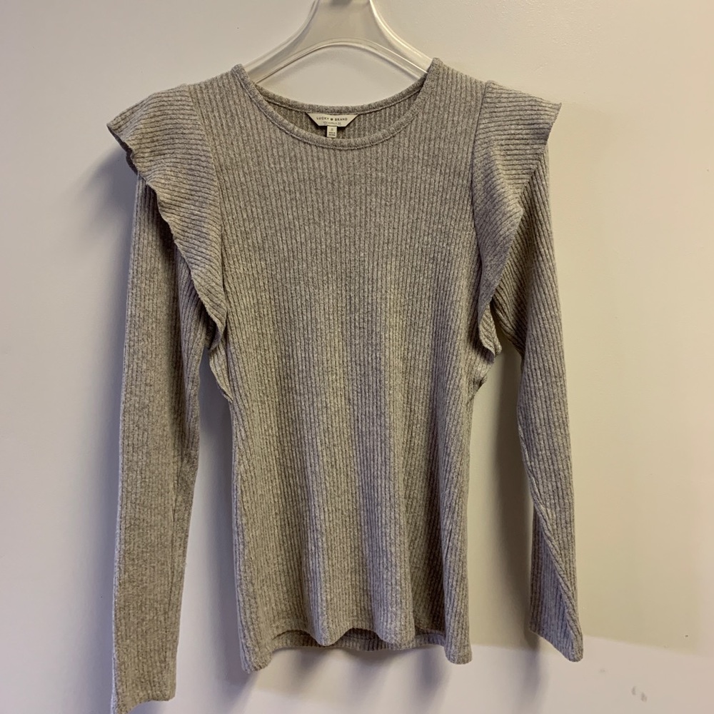 Lucky brand ribbed long flutter sleeve top grey